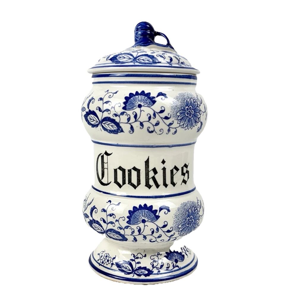 VTG Arnart Blue Onion Danube Ceramic Cookie Canister Jar w/Lid White Floral Blue
